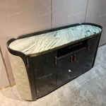 Curved Marble-Top Sideboard with Glossy Wood Veneer & Quilted Leather Accents